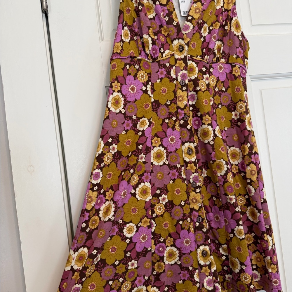 Urban Outfitters Sleeveless Floral Mini Dress in Olive Green and Plum 70s NWT - Picture 2 of 5